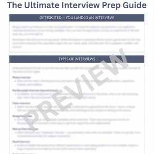 Könnte beinhalten: Ein digitales Dokument mit dem Titel The Ultimate Interview Prep Guide und einem Kompass-Symbol oben. Die Seite enthält Abschnitte mit der Überschrift GET EXCITED – YOU LANDED AN INTERVIEW! und TYPES OF INTERVIEWS sowie die Website TrueNorthCareerServices.com unten.