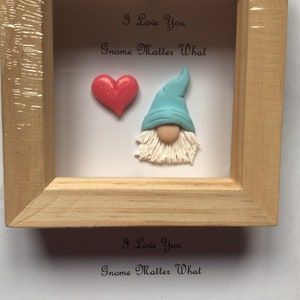 Puede incluir: Una imagen enmarcada con un corazón rojo y un gnomo con un sombrero azul. El texto en la imagen dice "I Love You Gnome Matter What".