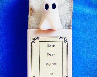 Matchbox Polymer Clay Ghost “Keep Your Spirits Up” keepsake accessory by Ludicris, well-being positive gift, ghostie