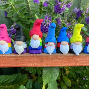 Puede incluir: Una fila de siete pequeñas figuras de gnomos, cada una con un sombrero y una barba de diferente color. Los sombreros son rojo, negro, azul, amarillo, rosa y morado. Los gnomos están de pie sobre una superficie de madera.