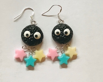 Polymer clay dangling Earrings  (Susuwatari) kawaii soot sprite Studio Ghibli