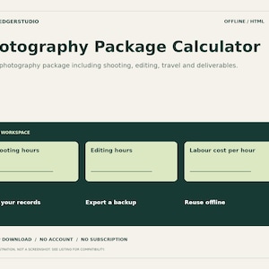 May include: A digital interface titled Photography Package Calculator with dark green text on a light background. It features a workspace section with input fields for shooting hours, editing hours, and labor cost per hour, plus options to edit records, export a backup, and reuse offline.