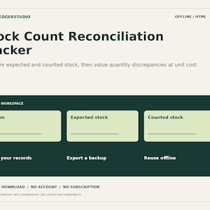 Puede incluir: Una interfaz digital de seguimiento de conciliación de inventario con un área de trabajo verde oscuro. Incluye campos para artículo, stock esperado y stock contado, con opciones para editar registros, exportar copias y usar sin conexión.