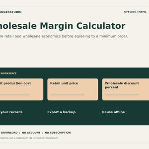 Op de afbeelding: Een digitale groothandelsmargecalculator-interface met een donkergroene werkruimte met drie invoervelden voor productiekosten per eenheid, verkoopprijs en groothandelskorting, plus opties om gegevens te bewerken, exporteren en offline te gebruiken.