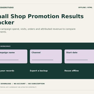 Op de afbeelding: Een digitale interface voor een Small Shop Promotion Results Tracker met een donkergroen werkgebied. Het bevat invoervelden voor campagnenaam, kanaal en startdatum, met opties om records te bewerken, een back-up te exporteren en offline te hergebruiken.