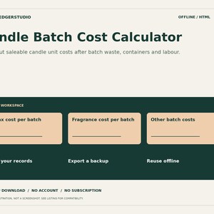 May include: A digital interface titled Candle Batch Cost Calculator by BATCHLEDGERSTUDIO. The layout features a dark green workspace area with three input fields for wax, fragrance, and other batch costs, plus options to edit, export, or reuse.