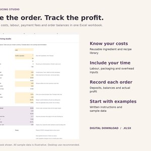 Puede incluir: Una plantilla de libro de trabajo de Excel digital titulada Bakery Pricing Studio para realizar un seguimiento de los costes de ingredientes, mano de obra, comisiones de pago y saldos de pedidos. Incluye una interfaz de hoja de cálculo con campos.