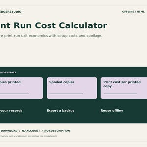 May include: A digital Print Run Cost Calculator interface with a dark green background and light purple input fields. The text reads BATCHLEDGERSTUDIO, OFFLINE / HTML, Print Run Cost Calculator, Copies printed, Spoiled copies, and Print cost per printed copy.
