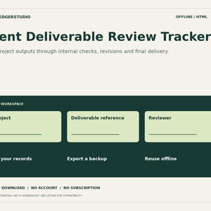 Könnte beinhalten: Eine digitale Benutzeroberfläche zur Überprüfung von Kundenergebnissen mit einem dunkelgrünen Arbeitsbereich, der drei hellgrüne Eingabefelder mit den Bezeichnungen Project, Deliverable reference und Reviewer sowie Optionen zum Bearbeiten, Exportieren und Offline-Nutzen enthält.