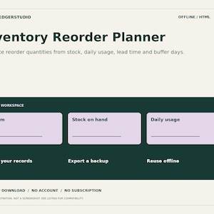 May include: An Inventory Reorder Planner digital interface with a cream background and dark green accents. It features input fields for Item, Stock on hand, and Daily usage, with options to Edit your records, Export a backup, and Reuse offline.