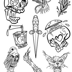May include: A black and white tattoo flash sheet featuring a skull, a rooster head, a leafy branch, a juice box labeled BOOTY JUICE, a dagger, a skull with a heart-shaped nose, a bird with a skull head, a burning candle, and a snarling cat face.