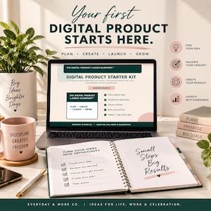 Könnte beinhalten: Ein Laptop mit einem digitalen Produkt-Starter-Kit, ein spiralgebundenes Arbeitsbuch mit dem Titel Turn Your Ideas Into Opportunity, eine rosa Tasse mit dem Text Discipline Creates Freedom und eine Pflanze in einem Topf mit der Aufschrift Big Ideas Brighter Days.