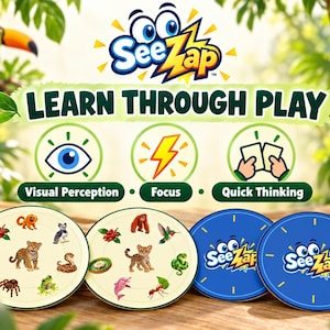 May include: SeeZap game set featuring two round cream-colored cards with various animal and plant illustrations, and two blue cards with the SeeZap logo. The text reads Learn Through Play, Visual Perception, Focus, and Quick Thinking.