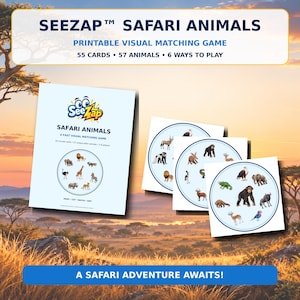 May include: SeeZap Safari Animals printable visual matching game featuring 55 cards, 57 animals, and 6 ways to play. The set includes a game instruction sheet and circular cards displaying various illustrated safari animals like lions and elephants.