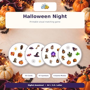 SeeZap™ Halloween-utskrivbart matchningsspel med 57 modeller, 55 kort, 6 sätt att spela (digital nedladdning)