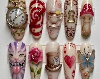 Alice in Wonderland Press on Nails, 3D Pocket Watch Cheshire Cat Gel Nails, Mad Hatter Teacup Almond False Nails, Wonderland Nails Set
