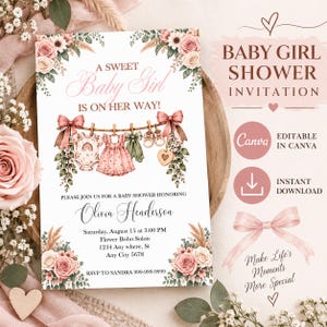 Invitación editable para baby shower de niña estilo granja / Flores, margaritas, cuadros vichy (descarga digital)