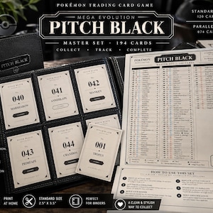 May include: A black binder containing Pokémon Trading Card Game Pitch Black master set placeholders. The set includes 194 cards, with 120 standard and 74 parallel cards. The collection features numbered card slots, a checklist, and instructions.
