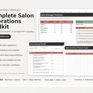 Op de afbeelding: Een digitale salon business toolkit met 11 Excel-bladen en 9 PDF-sjablonen. De weergave toont een Salon Manager Overzicht, een openingschecklist en een voorraadtracker met tekst in het zwart en rood.