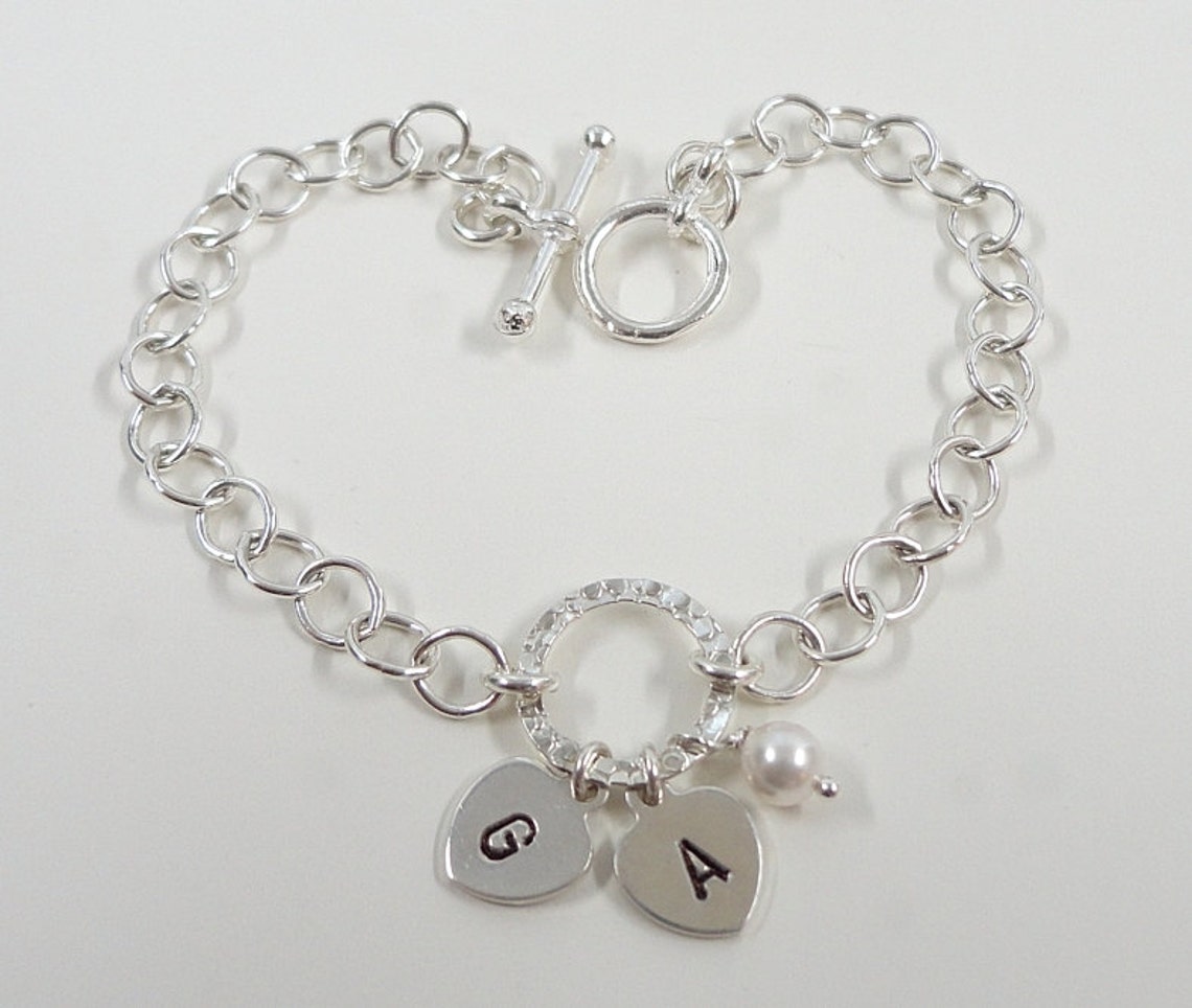 Initial Charm Bracelet Hand Stamped Sterling Silver Etsy