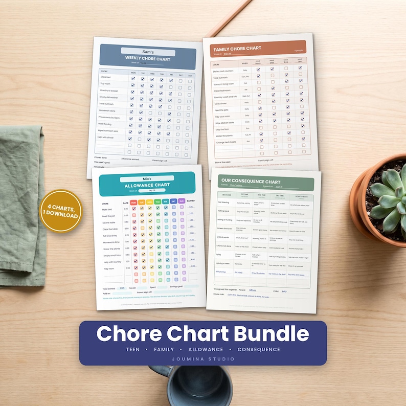 Chore Chart Bundle, 4 Editable Printable Chore Charts for Kids Teens ...