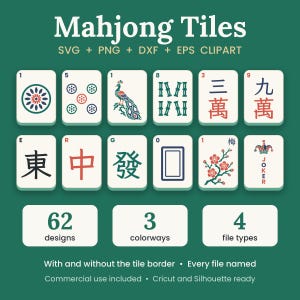 May include: A digital collection of Mahjong Tiles featuring SVG, PNG, DXF, and EPS clipart. The set includes 62 designs in 3 colorways across 4 file types, displayed as white rectangular tiles with various colorful symbols, Chinese characters, and illustrations.