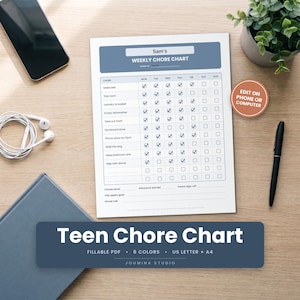 Teen Chore Chart Printable, Editable Weekly Teenager Responsibility Chart, Fillable PDF with Allowance Box