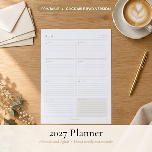 May include: A white weekly planner page for April 2027 with lined sections for each day from Sunday to Saturday, a top priorities box, and the text PRINTABLE + CLICKABLE IPAD VERSION at the top of the page.