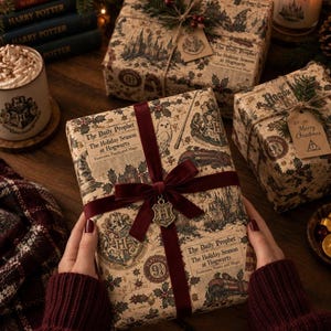 May include: A rectangular gift box wrapped in beige paper featuring a repeating Harry Potter themed print, including The Daily Prophet newspaper headlines, Hogwarts crests, and owls. The box is tied with a dark red velvet ribbon and a metal H charm.