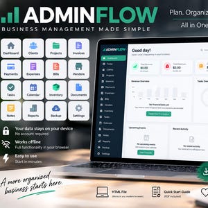 Op de afbeelding: Een laptop die het AdminFlow bedrijfsbeheer-dashboard toont met een zijmenu, omzetoverzicht en taakvolging. Het scherm bevat tekst zoals Plan, Organize, Track, Grow en All in One Dashboard, samen met diverse pictogrammen voor bedrijfsbeheer.