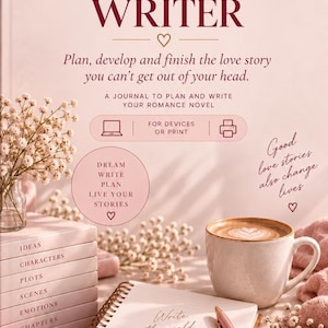 Puede incluir: Un diario titulado Diary of a Romance Writer con un cuaderno de espiral, un bolígrafo rosa, una taza de café y una pila de libros etiquetados como Ideas, Characters, Plots, Scenes, Emotions, Chapters y Happy Ending sobre fondo rosa.