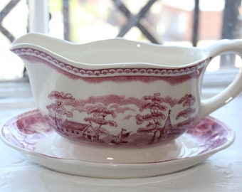 Gravy boat. Red scenery pattern by Arabia Finland