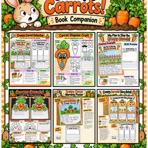 May include: A Creepy Carrots! Book Companion educational activity sheet featuring a cartoon rabbit, orange carrots, and six distinct sections including a detective game, disguise craft, warning poster, and story retell worksheets.