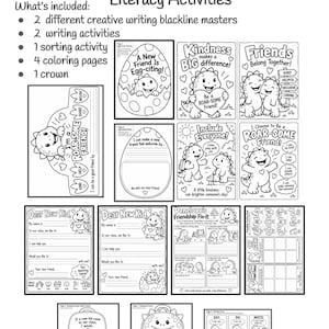 May include: A collection of black and white literacy activity sheets titled Penelope Rex vs. the New Kid. The set includes creative writing masters, writing activities, a sorting activity, four coloring pages, and a printable crown featuring dinosaur illustrations and text.
