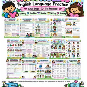 May include: A WIDA ACCESS English Language Practice educational resource set for grade 1 students. The collection includes teacher directions, student worksheets, speaking and writing rubrics, and recording sheets featuring colourful illustrations.