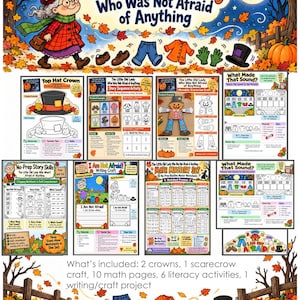 May include: A digital educational resource set titled The Little Old Lady Who Was Not Afraid of Anything, featuring worksheets, crafts, and activities. Includes math pages, literacy tasks, writing projects, and a scarecrow craft with autumn imagery.