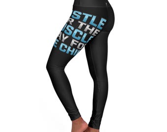 Kryo Workout Gear High-Waist Yoga Leggings — Bold Side-Text Fitness Tights ("Hustle for Muscle, Stay the Chill")