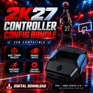 May include: A digital download for a 2K27 controller config bundle, compatible with Zen, featuring shot timing presets, dribble inputs, movement settings, and custom controls for PS5, Xbox Series X/S, and PC. The graphic displays a basketball player.