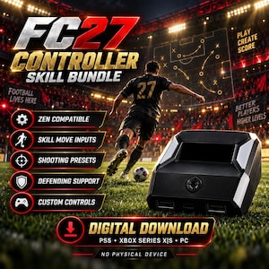May include: A black electronic controller adapter for gaming consoles featuring the text FC27 CONTROLLER SKILL BUNDLE, DIGITAL DOWNLOAD, PS5, XBOX SERIES X|S, PC, and NO PHYSICAL DEVICE. The graphic displays a football player on a pitch.