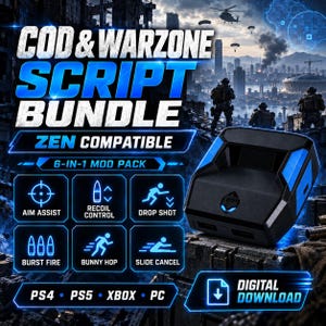 May include: A black and blue gaming controller adapter with a digital download label. The text reads COD & WARZONE SCRIPT BUNDLE, ZEN COMPATIBLE, 6-IN-1 MOD PACK, AIM ASSIST, RECOIL CONTROL, DROP SHOT, BURST FIRE, BUNNY HOP, SLIDE CANCEL, PS4, PS5, XBOX, PC.