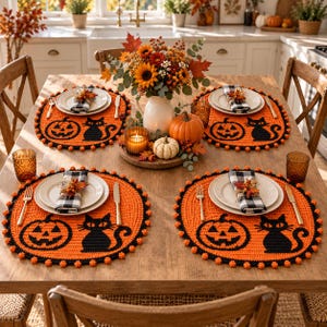 Peut inclure: Quatre sets de table ronds en crochet orange avec un motif de chat noir et de citrouille d'Halloween, bordés de petits pompons orange. Chaque set accueille une assiette blanche, une serviette à carreaux noirs et blancs, une fourchette et un couteau dorés.