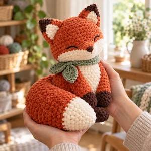 Könnte beinhalten: Ein gehäkeltes Fuchskuscheltier mit leuchtend orangefarbenem Körper, weißer Brust und weißer Schwanzspitze sowie dunkelbraunen Ohrspitzen und Pfoten. Der Fuchs hat ein gesticktes Gesicht mit geschlossenen Augen und einen salbeigrünen Schal.