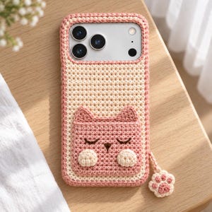 Peut inclure: Une coque de smartphone avec une housse en crochet couleur crème et une bordure rose. Un visage de chat en crochet rose avec des yeux fermés et deux petites pattes est fixé au centre, et une breloque patte rose et crème pend sur le côté.
