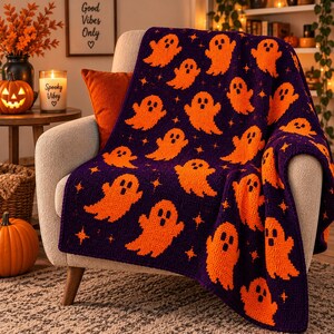 Peut inclure: Une couverture en crochet rectangulaire présentant un motif répétitif de fantômes orange et de petites étoiles à quatre branches sur un fond violet foncé. Le textile a un aspect tissé et texturé avec un point en grille cohérent.
