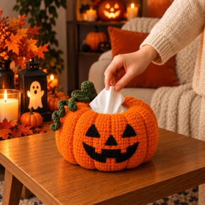 Peut inclure: Une housse de boîte à mouchoirs en crochet en forme de citrouille orange avec un visage de jack-o'-lantern en feutre noir, des yeux triangulaires et une bouche dentelée. Le dessus présente une tige verte et une vrille en crochet.