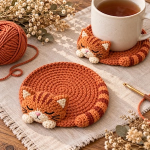 Peut inclure: Deux dessous de verre ronds en crochet orange en forme de chat, avec un visage de chat tigré endormi aux yeux fermés, de petites oreilles et une queue rayée. Les dessous de verre sont en laine, l'un supportant une tasse blanche.