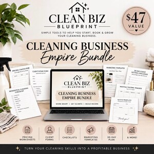 May include: A digital product bundle titled Clean Biz Blueprint featuring a laptop displaying the Cleaning Business Empire Bundle, surrounded by printed business forms, checklists, and marketing templates on a desk with a plant and spray bottle.