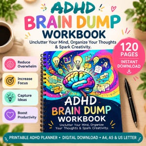 Peut inclure: Un cahier d'exercices ADHD Brain Dump à reliure spirale avec une illustration de cerveau colorée, des ampoules et des notes. Le texte de couverture indique : ADHD Brain Dump Workbook, Unclutter Your Mind, Organize Your Thoughts & Spark Creativity. Comprend 120 pages, téléchargement instantané et formats imprimables A4, A5 et US Letter.