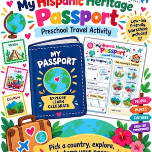 Könnte beinhalten: Ein My Hispanic Heritage Passport Vorschul-Reiseaktivitätsset mit einem blauen Reisepass-Heft, einem Arbeitsblatt, einem braunen Koffer und bunten Illustrationen von Mexiko, Kuba und Kolumbien. Der Text enthält My Hispanic Heritage Passport.