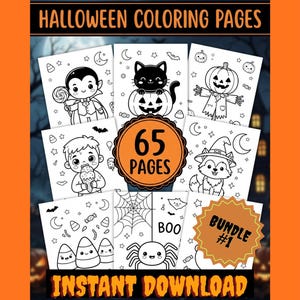 May include: A collection of Halloween coloring pages featuring 65 pages in a bundle. The black and white illustrations include a vampire, a cat in a pumpkin, a scarecrow, a child with ice cream, a witch, candy corn, a spider, and the text BOO.